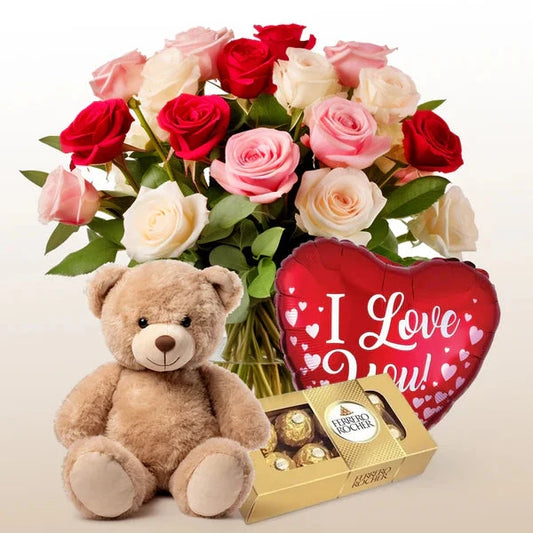 Combo with Mixed Roses Bouquet, Teddy, Chocolate & Balloon